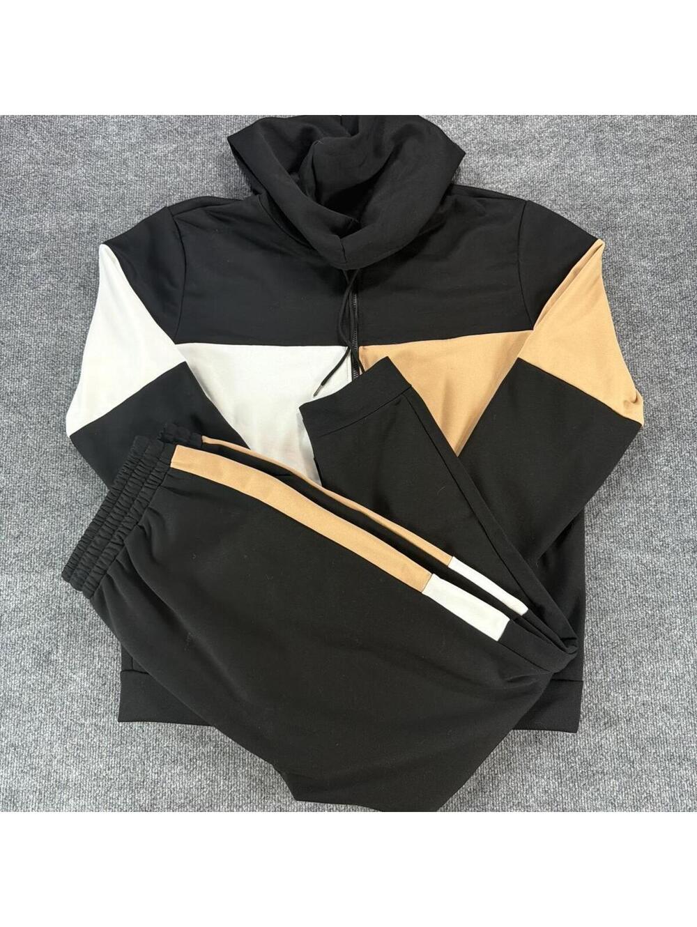 Men's Colorblock Blk Brn Wht Hoodie & Jogger Set XXL -‎ Tracksuit, Coord Set